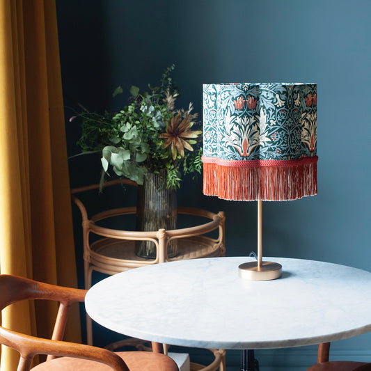 William Morris 'Snakeshead' Fringed Scalloped Lampshade - Thistle & Russet
