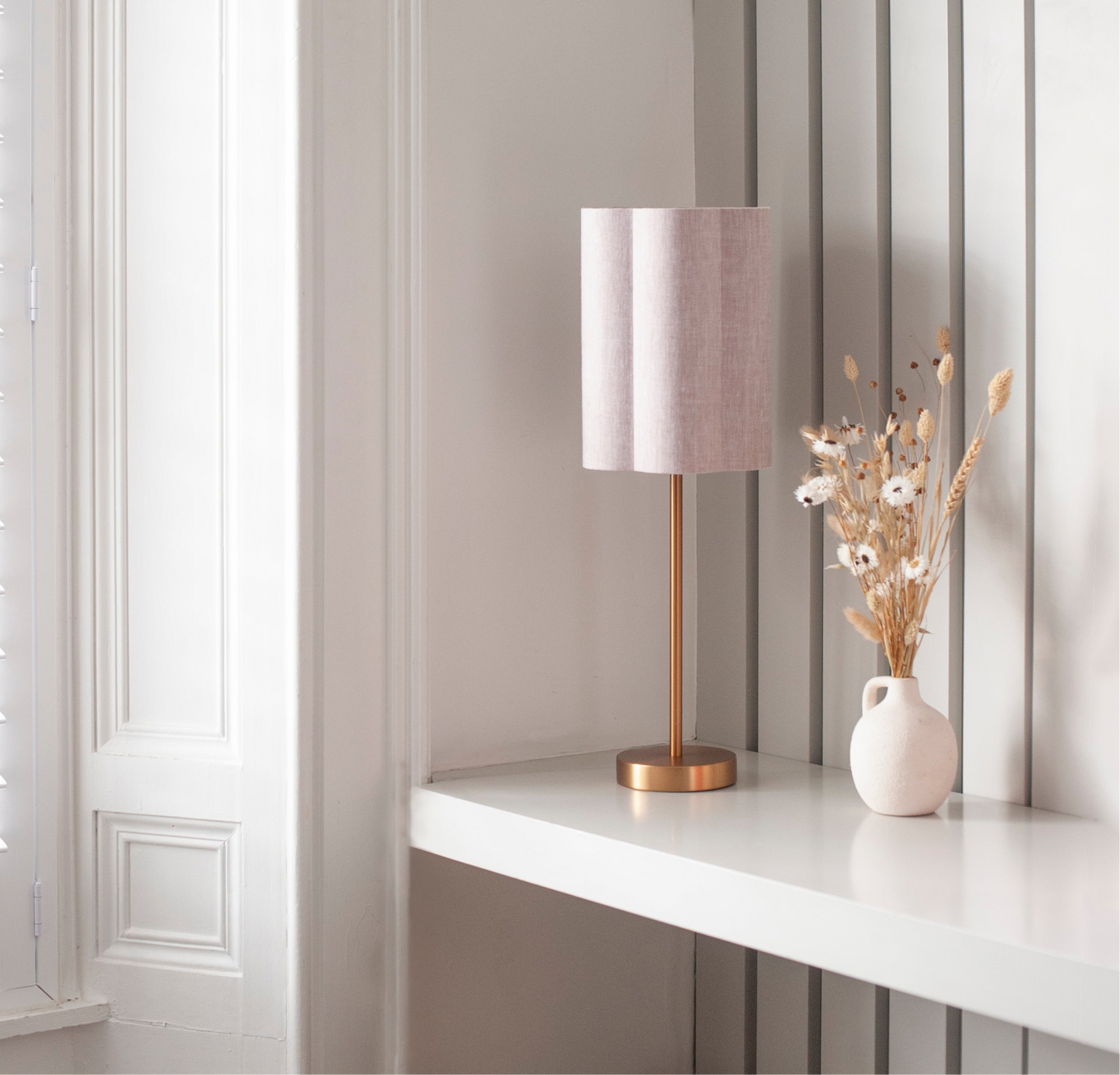 Flecked Biscuit Irish Linen - Tall Brushed Brass Lamp Base