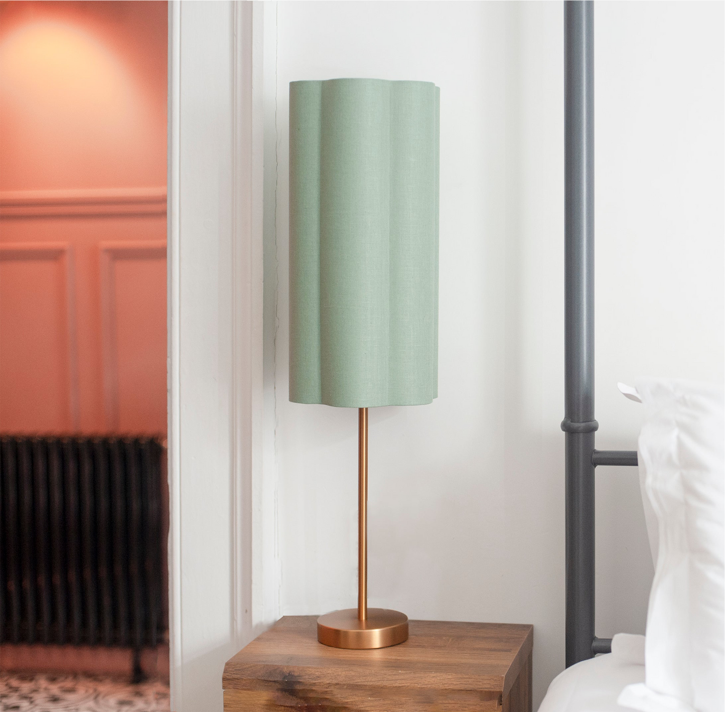 Celadon Green Irish Linen - Tall Brushed Brass Lamp Base