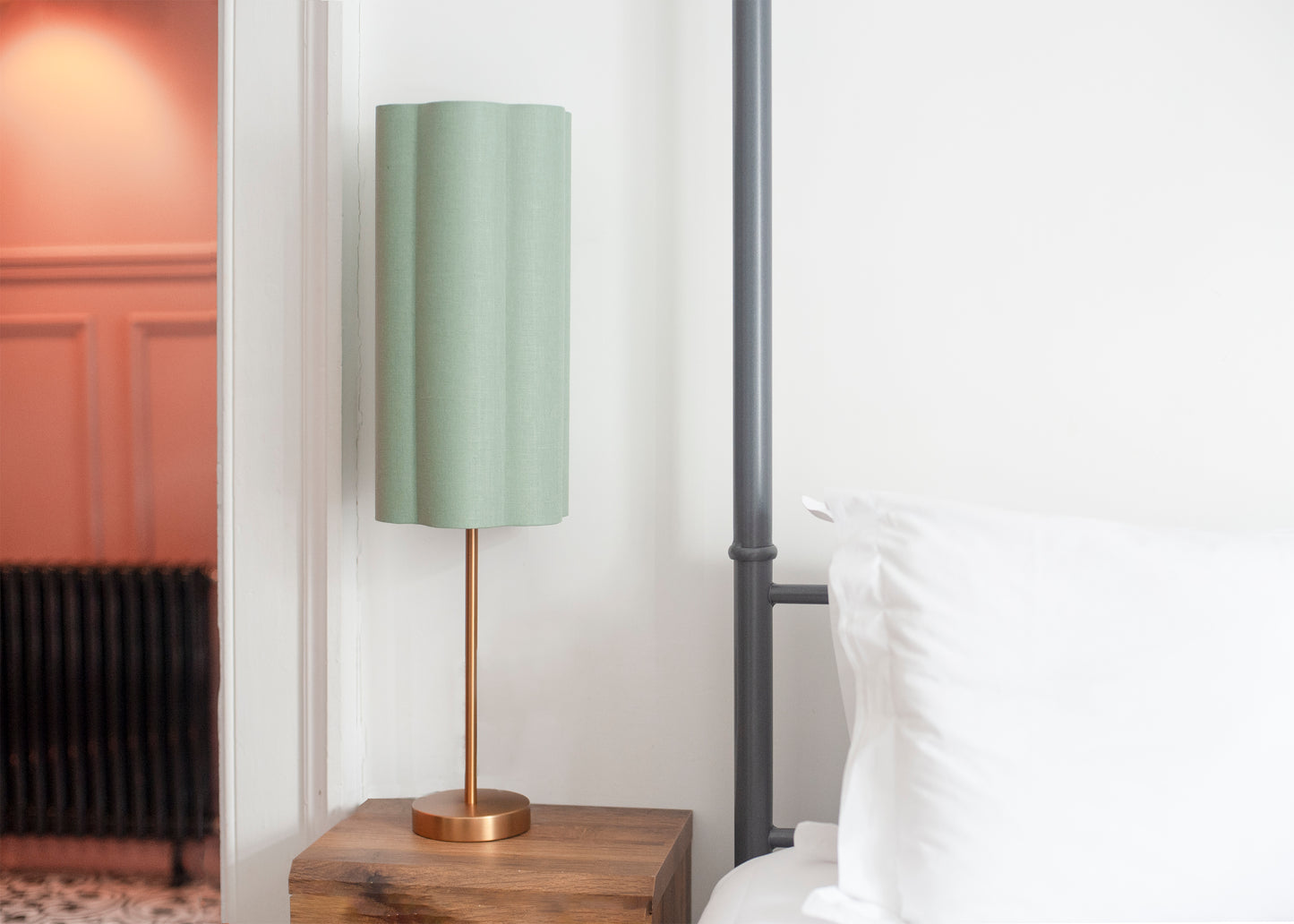 Celadon Green Irish Linen - Tall Brushed Brass Lamp Base
