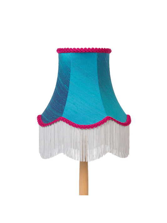 Viridian Blue Silk Fringed Bell Lampshade